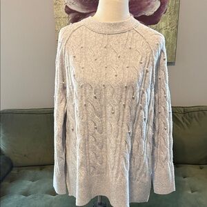aerie Light Gray Pearl-Embellished Cable Knit Sweater
